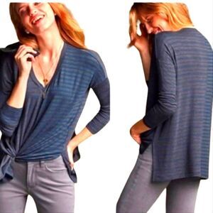 CAbi T Shirt Tunic‎ Hybrid Stripe Long Sleeve 3687 Oversized Gray Blue Flowy M